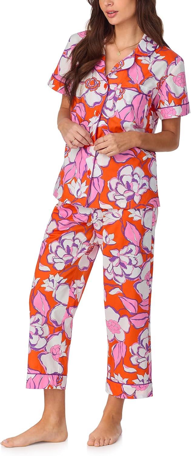 imageTrina Turk PJs Womens Short Sleeve Notch Collar ampamp Cropped Pants Sleepwear Pajama Set Organic CottonGardenia