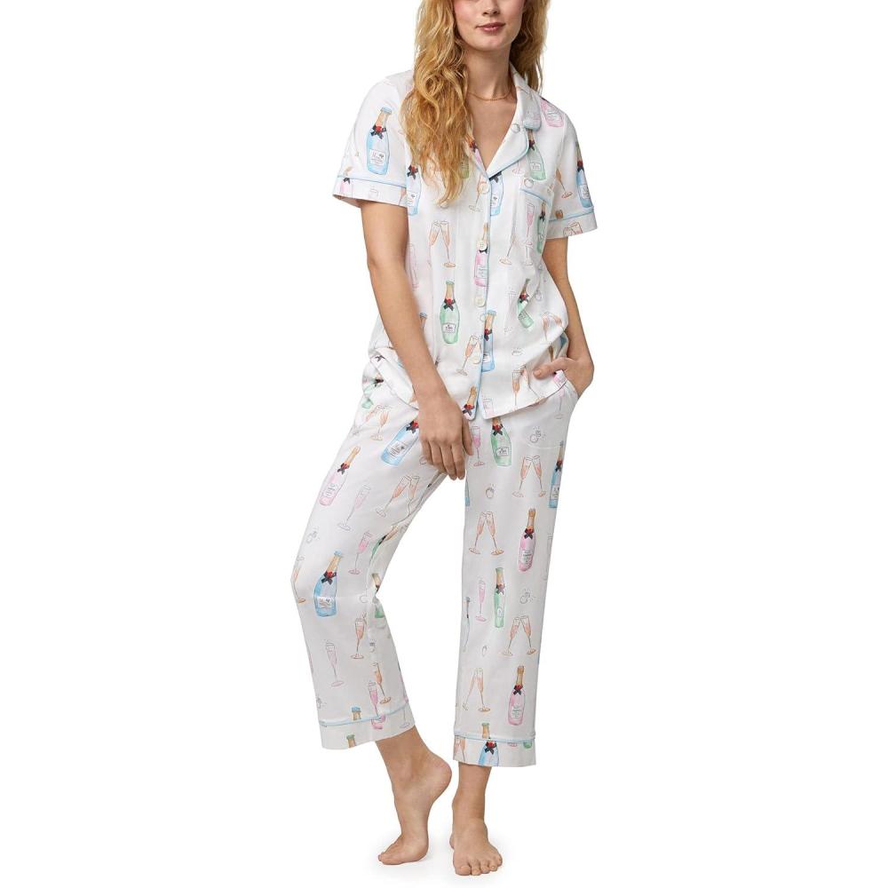 imageBed Head PJs Womens Matching Pajamas Soft Organic Cotton Button Down PJ Shirt ampamp Cropped Pants Set Loungewear ampamp SleepwearChampagne Wedding