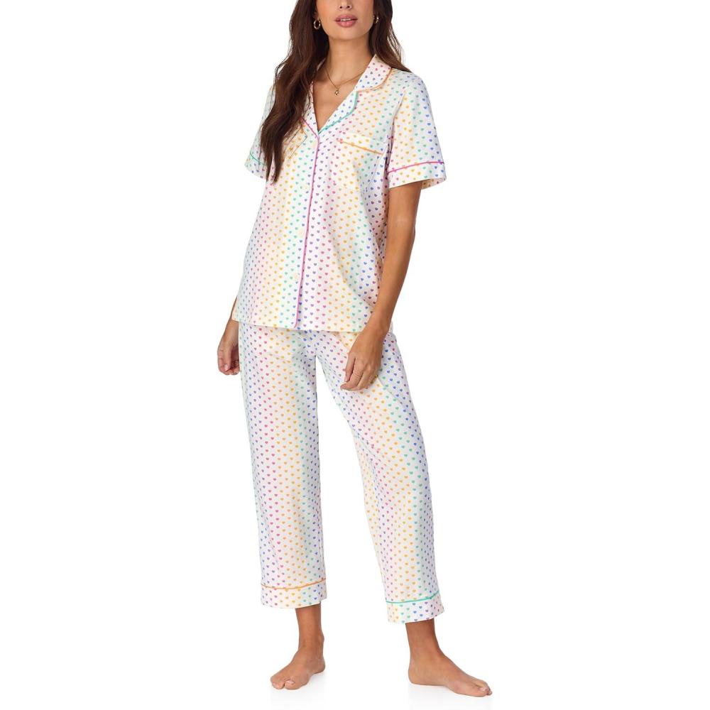 imageBed Head PJs Womens Matching Pajamas Soft Organic Cotton Button Down PJ Shirt ampamp Cropped Pants Set Loungewear ampamp SleepwearCheery Hearts