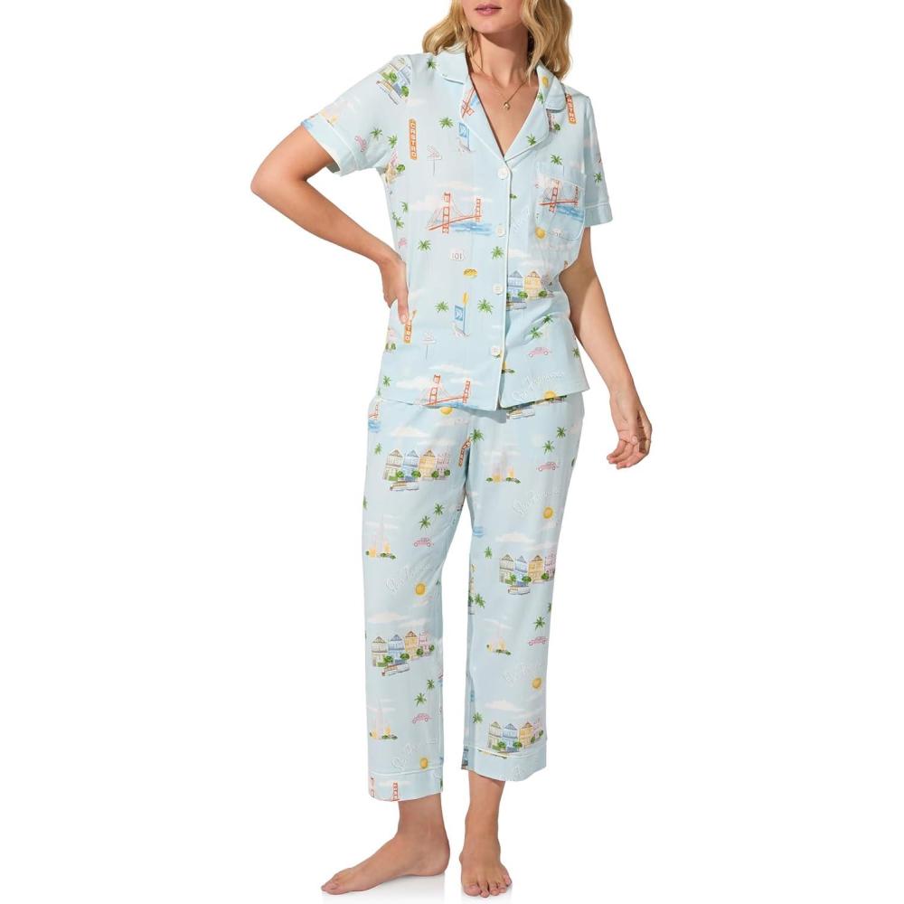 imageBed Head PJs Womens Matching Pajamas Soft Organic Cotton Button Down PJ Shirt ampamp Cropped Pants Set Loungewear ampamp SleepwearCity By the Bay