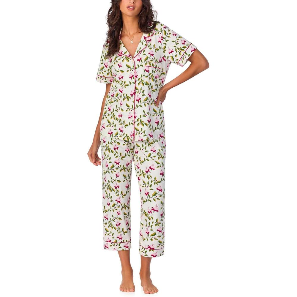 imageBed Head PJs Womens Matching Pajamas Soft Organic Cotton Button Down PJ Shirt ampamp Cropped Pants Set Loungewear ampamp SleepwearDancing Fuchsias
