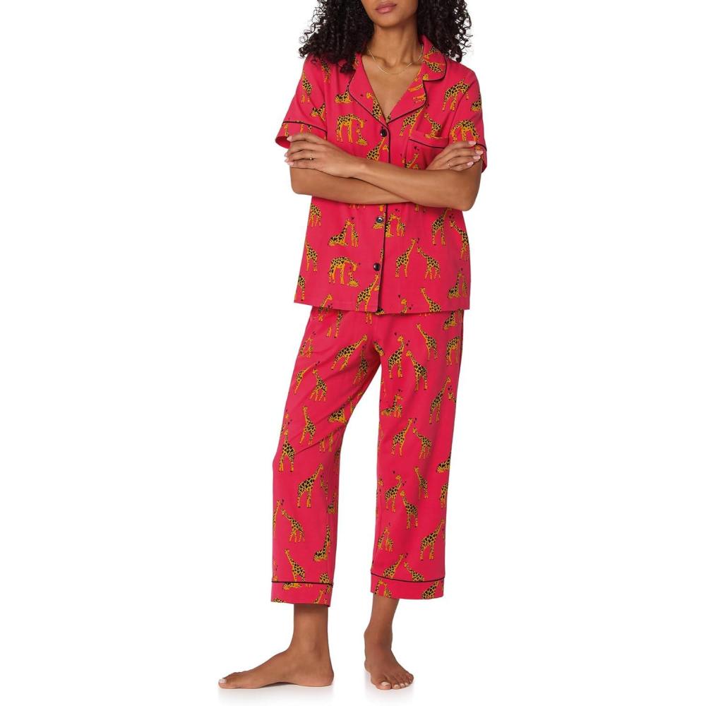 imageBed Head PJs Womens Matching Pajamas Soft Organic Cotton Button Down PJ Shirt ampamp Cropped Pants Set Loungewear ampamp SleepwearGiraffes in Love