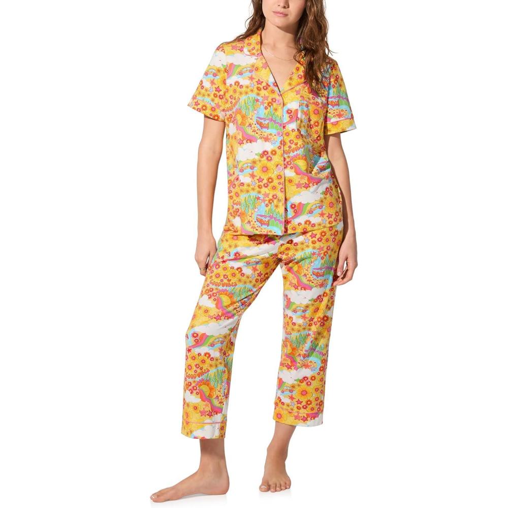 imageBed Head PJs Womens Matching Pajamas Soft Organic Cotton Button Down PJ Shirt ampamp Cropped Pants Set Loungewear ampamp SleepwearGood Vibes
