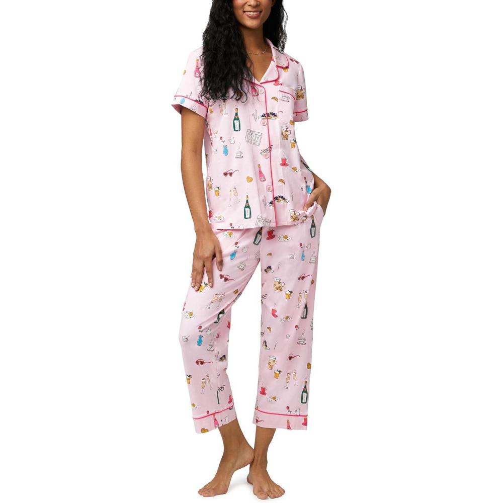 imageBed Head PJs Womens Matching Pajamas Soft Organic Cotton Button Down PJ Shirt ampamp Cropped Pants Set Loungewear ampamp SleepwearLets Do Brunch