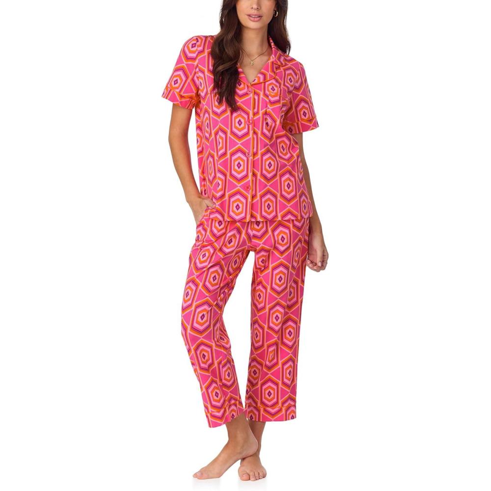 imageBed Head PJs Womens Matching Pajamas Soft Organic Cotton Button Down PJ Shirt ampamp Cropped Pants Set Loungewear ampamp SleepwearMultihexagon