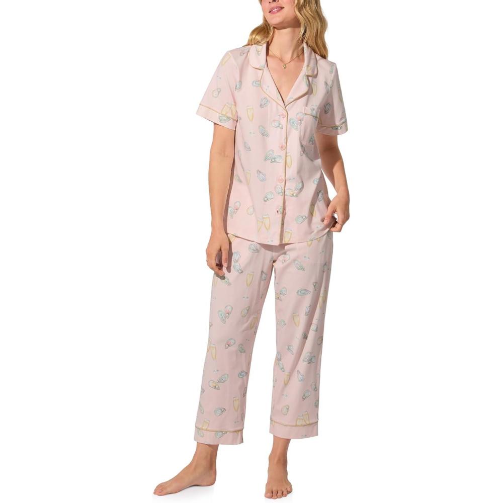 imageBed Head PJs Womens Matching Pajamas Soft Organic Cotton Button Down PJ Shirt ampamp Cropped Pants Set Loungewear ampamp SleepwearOysters Champagne