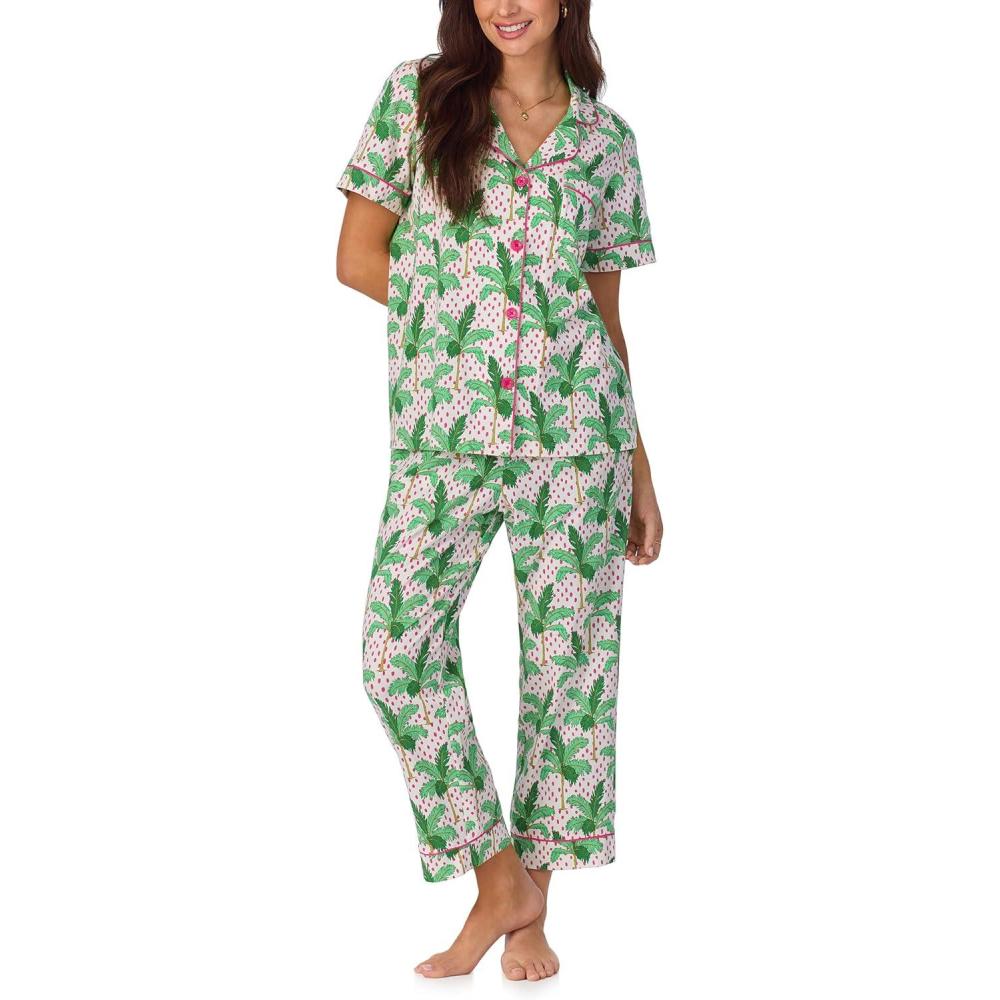 imageBed Head PJs Womens Matching Pajamas Soft Organic Cotton Button Down PJ Shirt ampamp Cropped Pants Set Loungewear ampamp SleepwearPalm Print
