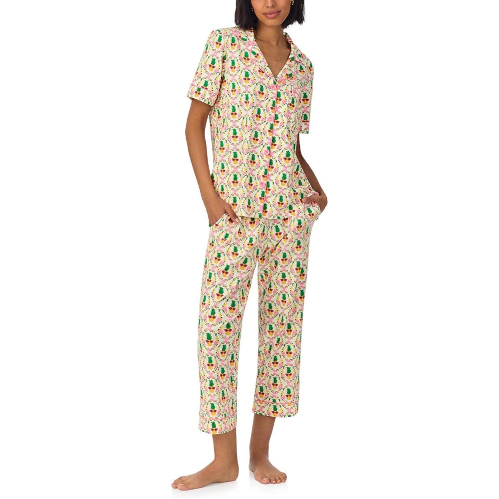 imageBed Head PJs Womens Matching Pajamas Soft Organic Cotton Button Down PJ Shirt ampamp Cropped Pants Set Loungewear ampamp SleepwearPinacoolada