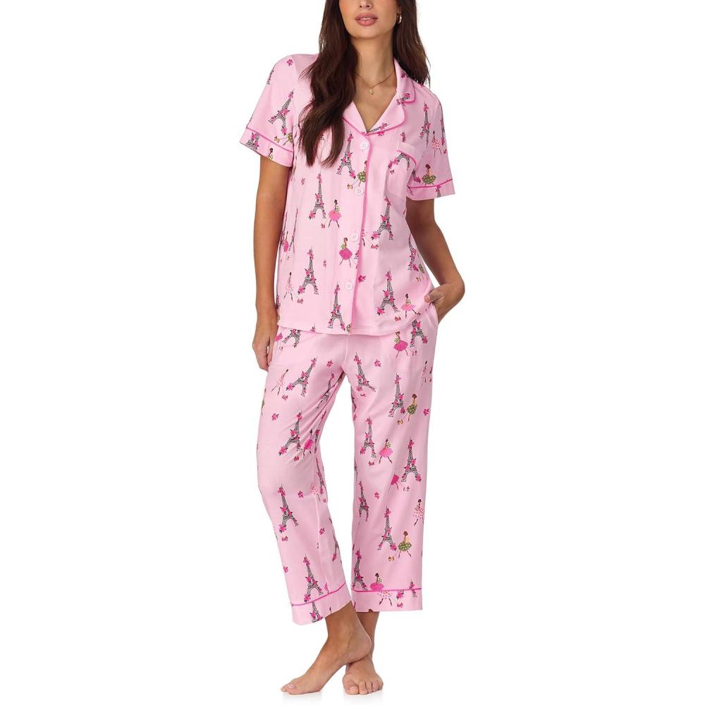 imageBed Head PJs Womens Matching Pajamas Soft Organic Cotton Button Down PJ Shirt ampamp Cropped Pants Set Loungewear ampamp SleepwearTres Chic
