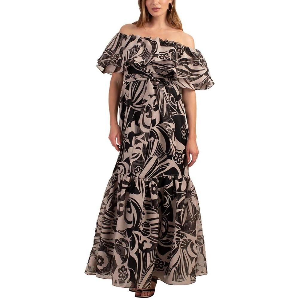 imageTrina Turk Womens Burnout Off The Shoulder DressDriftwoodBlack