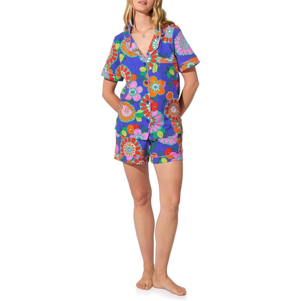 imageTrina Turk Womens Short Sleeve Notch Collar ampamp Shorts Sleepwear Pajama Set Organic CottonBlue Tokyo Floral
