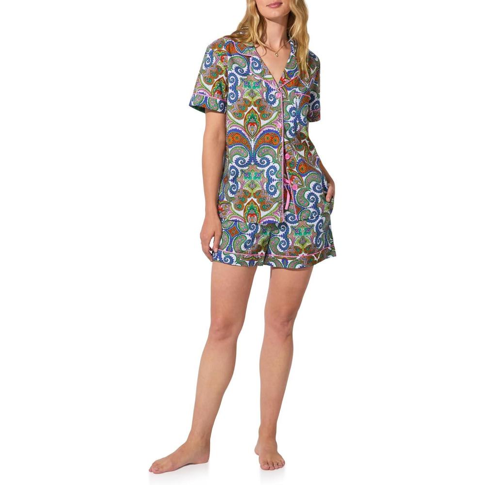 imageTrina Turk Womens Short Sleeve Notch Collar ampamp Shorts Sleepwear Pajama Set Organic CottonMulticolor Paisley