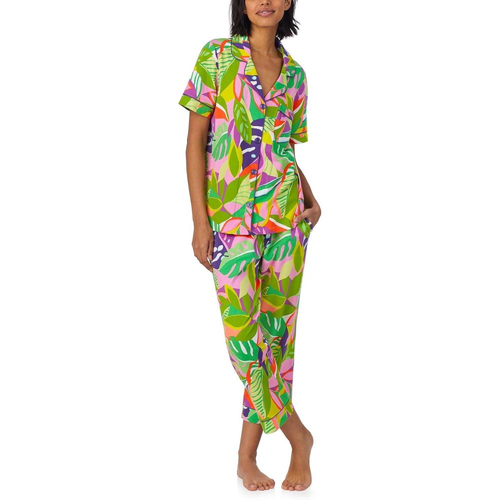 imageTrina Turk womens X Trina Turk Short Sleeve Classic Stretch Jersey Cropped Pj SetJungle Leaves