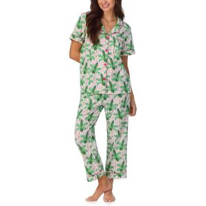 Bed Head PJs Womens Matching Pajamas – Soft Organic Cotton Button Down PJ Shirt & Cropped Pants Set – Loungewear & Sleepwear(Palm Print)