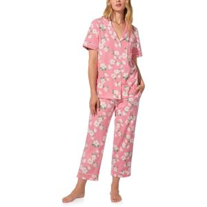 Bed Head PJs Womens Matching Pajamas – Soft Organic Cotton Button Down PJ Shirt & Cropped Pants Set – Loungewear & Sleepwear(Pink Magnolias)