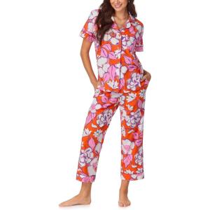 Trina Turk PJs Womens Short Sleeve Notch Collar & Cropped Pants Sleepwear Pajama Set, Organic Cotton(Gardenia)
