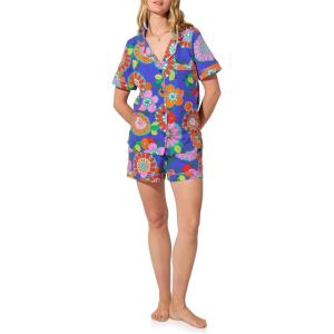 Trina Turk Womens Short Sleeve Notch Collar & Shorts Sleepwear Pajama Set, Organic Cotton(Blue Tokyo Floral)