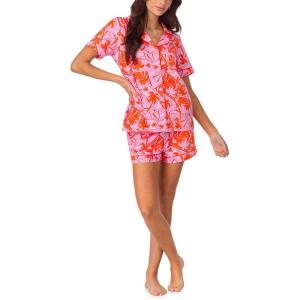 Trina Turk Womens Short Sleeve Notch Collar & Shorts Sleepwear Pajama Set, Organic Cotton(Pink Tennis Court)