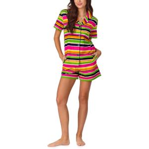 Trina Turk Womens Short Sleeve Notch Collar & Shorts Sleepwear Pajama Set, Organic Cotton(Poolside Stripe)