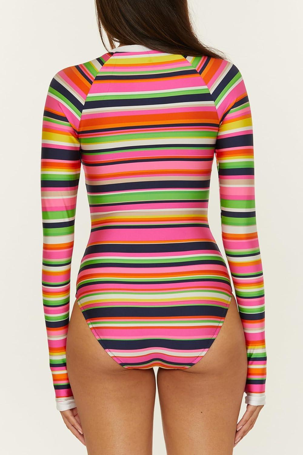 imageTrina Turk Womens Anniversary Stripe Paddle One Piece Swimsuit Rash Guard Uv Protection Zip Front Long Sleeve Bathing Suits