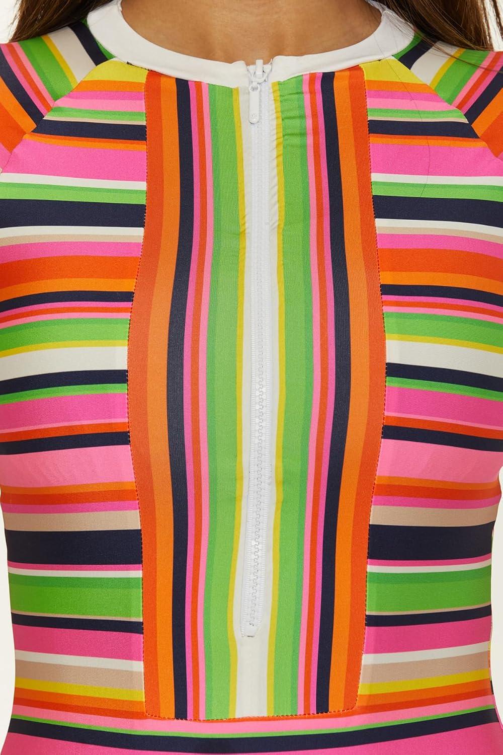 imageTrina Turk Womens Anniversary Stripe Paddle One Piece Swimsuit Rash Guard Uv Protection Zip Front Long Sleeve Bathing Suits