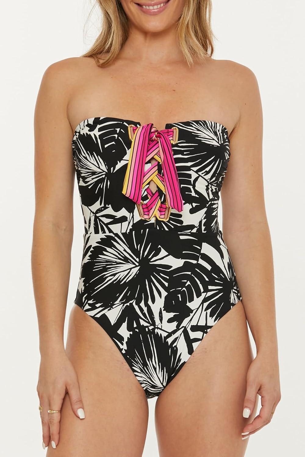 imageTrina Turk Womens Lennox Bandeau One Piece Swimsuit Plunge Neck Bathing Suits for WomenBlack Vanilla