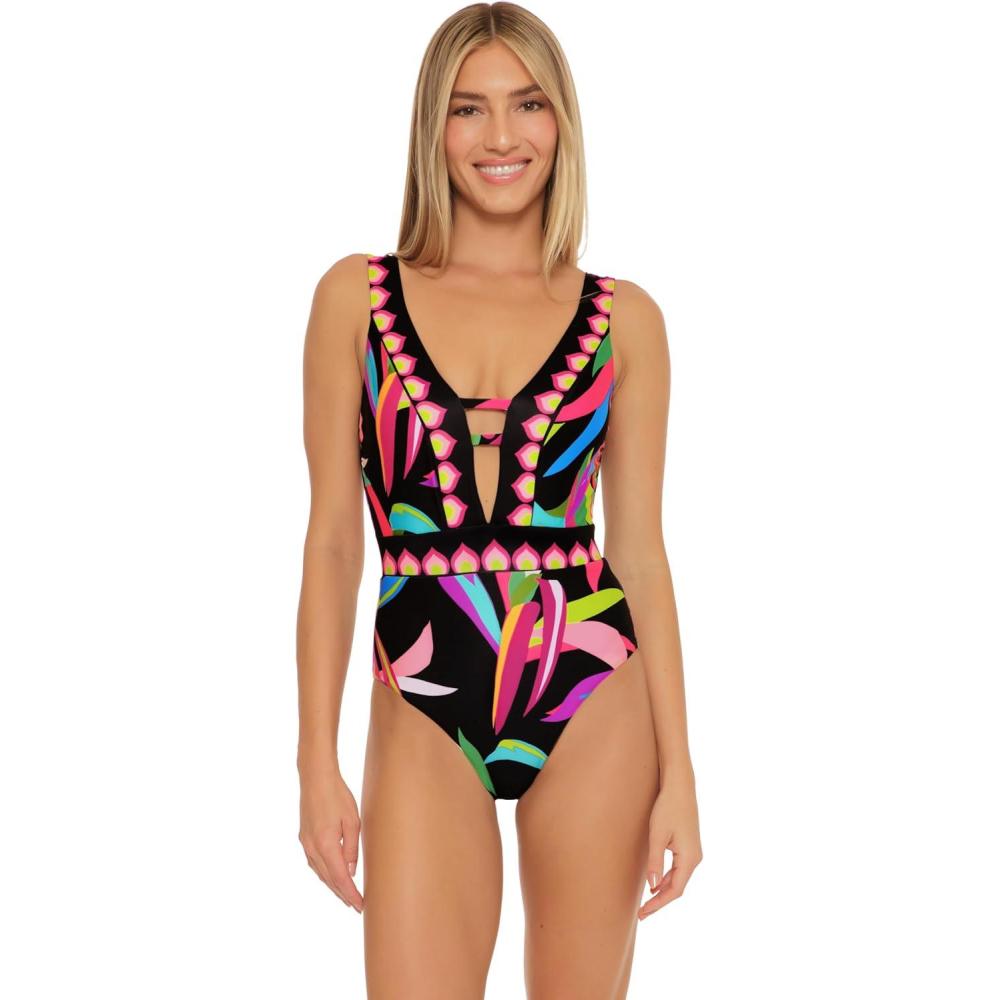 imageTrina Turk Birds of Paradise  Womens Plunge Neck One Piece Swimsuit Floral Print Bathing Suits for WomenMulticolor A