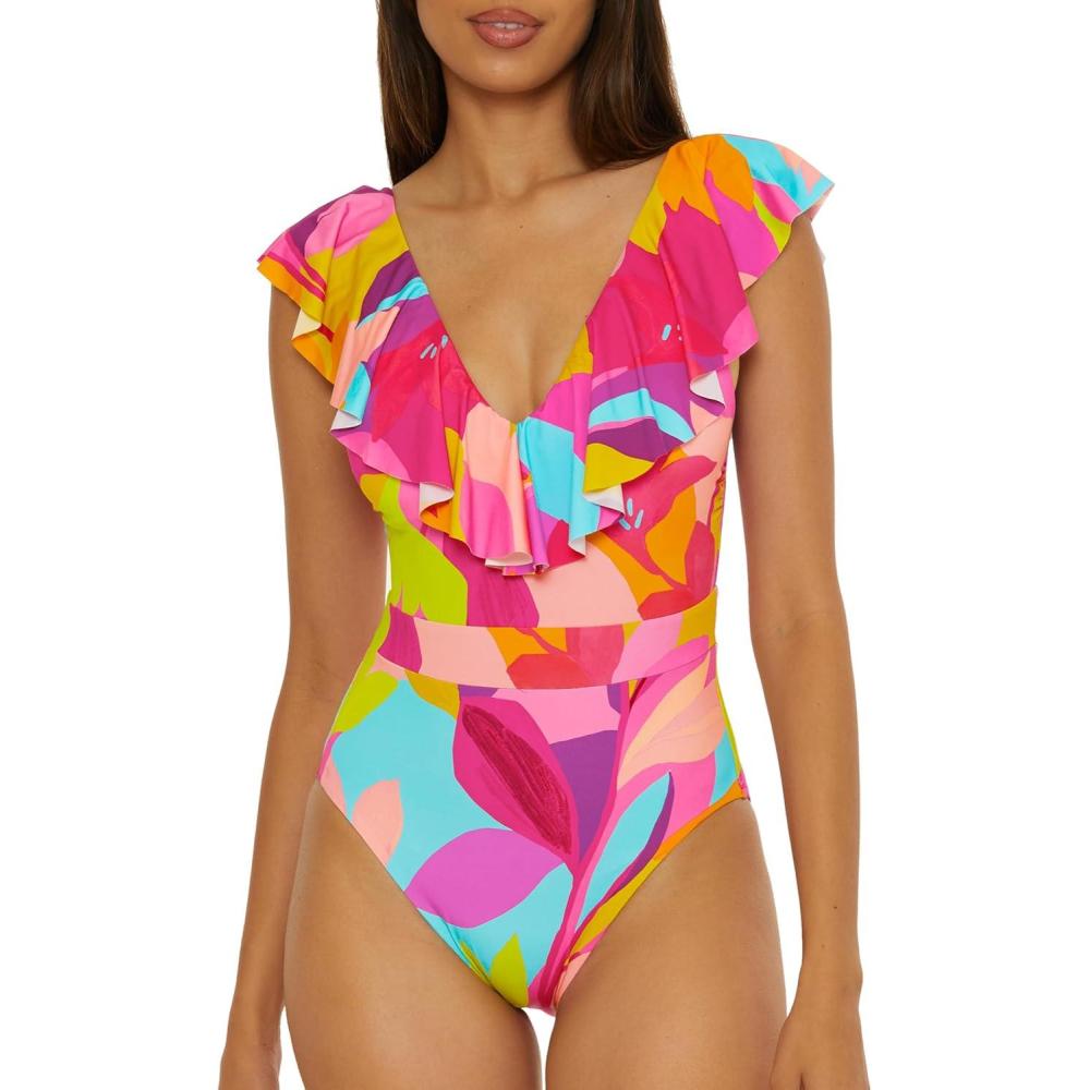 imageTrina Turk Ruffle Plunge One Piece SwimsuitLileth Multicolor