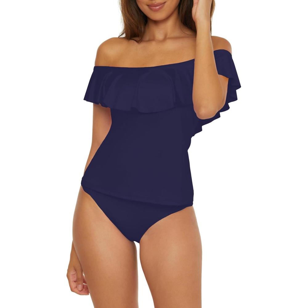 imageTrina Turk Ruffle Tankini Off Shoulder Swimsuit Tops for WomenMonaco Navy