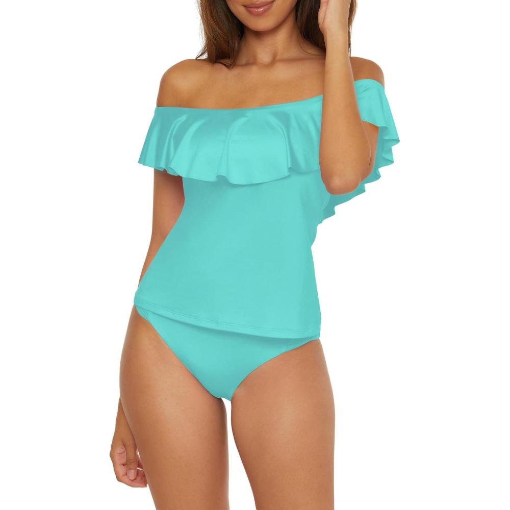 imageTrina Turk Ruffle Tankini Off Shoulder Swimsuit Tops for WomenMonaco Sky