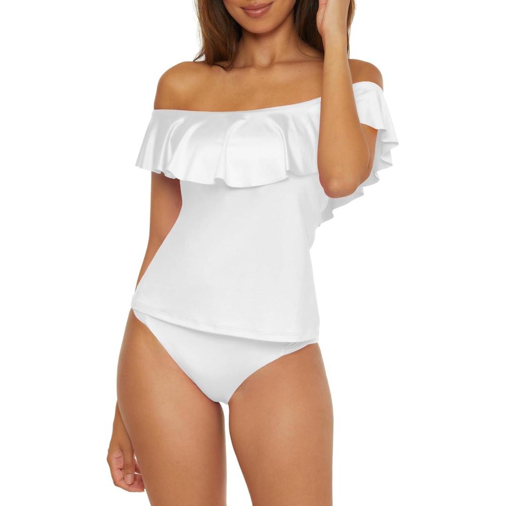 imageTrina Turk Ruffle Tankini Off Shoulder Swimsuit Tops for WomenMonaco White A