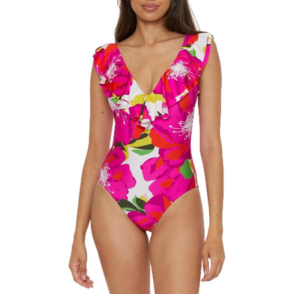 imageTrina Turk Womens Bloom Ruffle One Piece Swimsuit Plunge VNeck Bathing Suits for WomenMulticolor