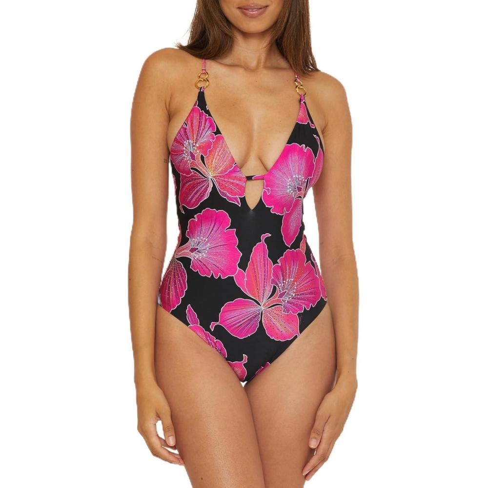 imageTrina Turk Womens Fleury One Piece Swimsuit Plunge Neck Floral Print Adjustable Tie Back Bathing SuitsMulticolor