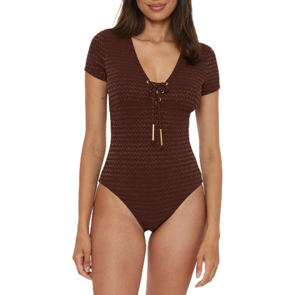 imageTrina Turk Womens Glimmer Lace Up One Piece Swimsuit Plunge VNeck Bathing SuitsTotem