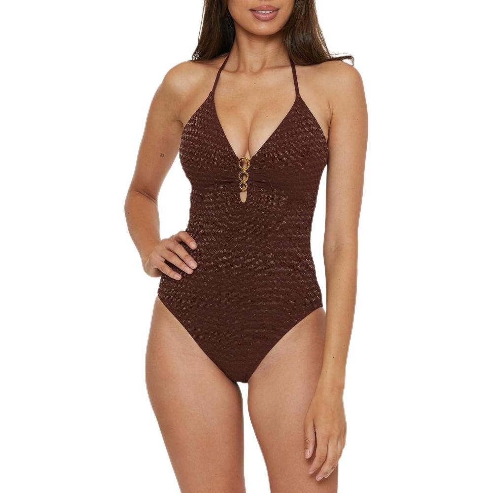 imageTrina Turk Womens Glimmer Maillot One Piece Swimsuit Plunge Neck Bathing SuitsTotem