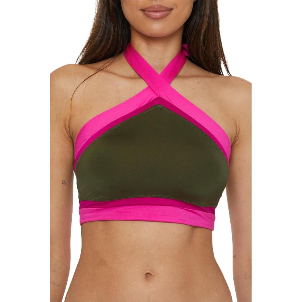 imageTrina Turk Womens Monaco Colorblock High Neck Bikini Top Adjustable Tie Back Swimwear SeparatesMulticolor