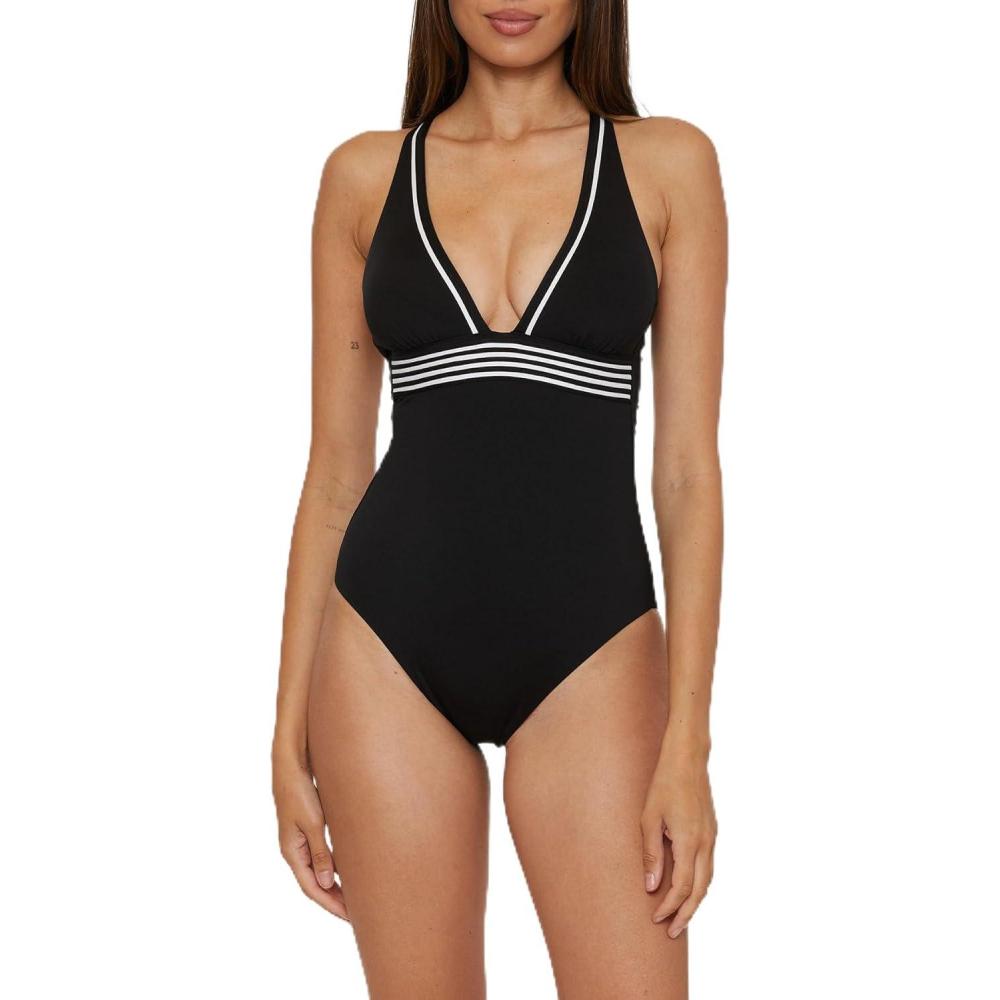 imageTrina Turk Womens Monaco One Piece Swimsuit Plunge Neck Bathing SuitsBlack White