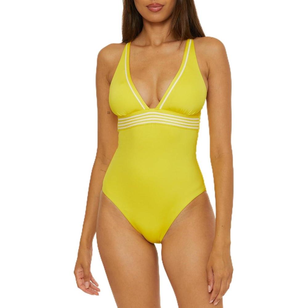 imageTrina Turk Womens Monaco One Piece Swimsuit Plunge Neck Bathing SuitsDesert Sun