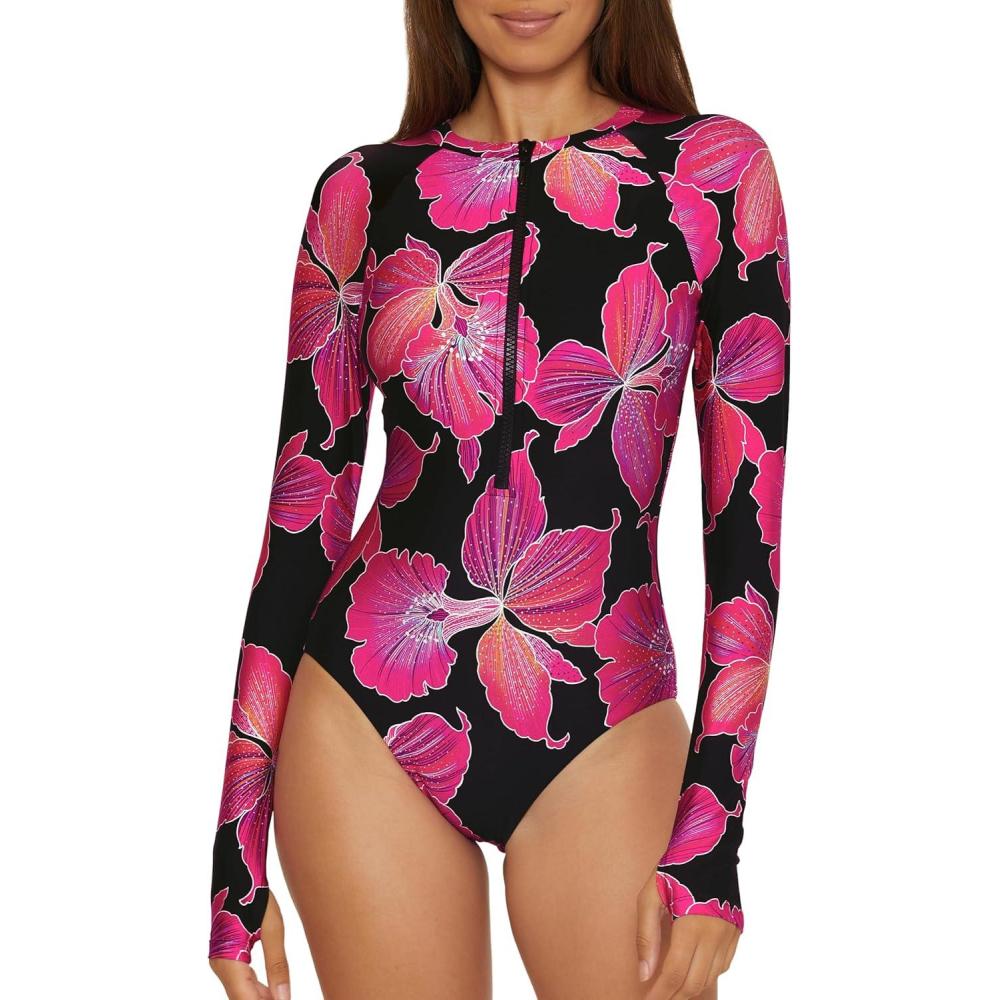 imageTrina Turk Womens Paddle One Piece Swimsuit Rash Guard UV Protection Zip Front Long Sleeve Bathing Suits for WomenFluery Multicolor