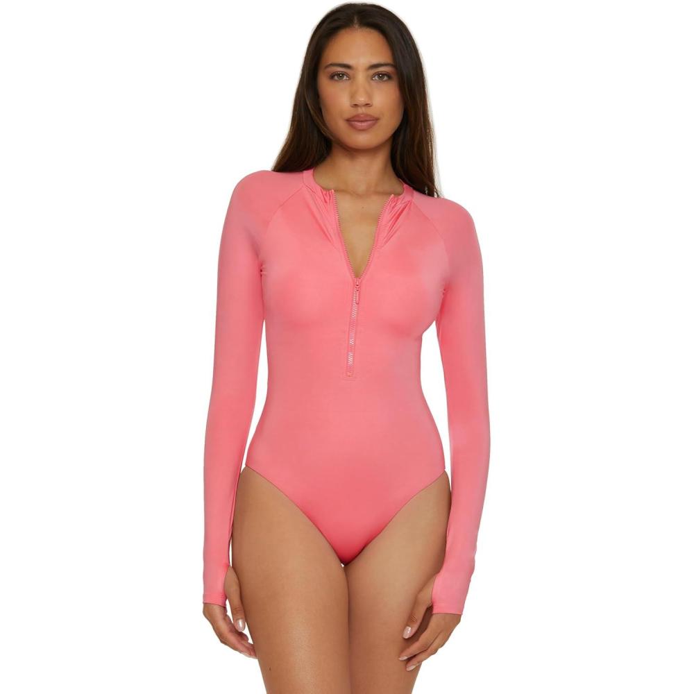 imageTrina Turk Womens Paddle One Piece Swimsuit Rash Guard UV Protection Zip Front Long Sleeve Bathing Suits for WomenGarden Pink