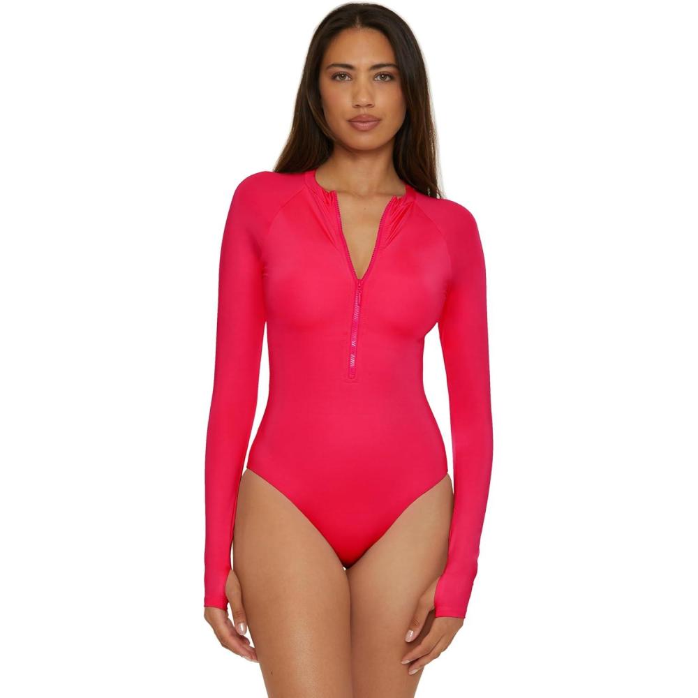 imageTrina Turk Womens Paddle One Piece Swimsuit Rash Guard UV Protection Zip Front Long Sleeve Bathing Suits for WomenGeranium