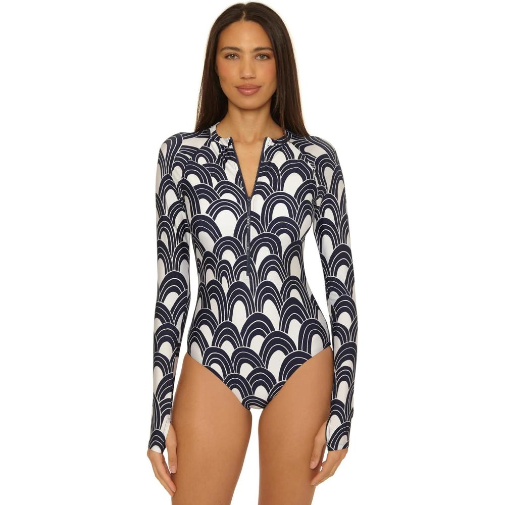 imageTrina Turk Womens Paddle One Piece Swimsuit Rash Guard UV Protection Zip Front Long Sleeve Bathing Suits for WomenMonaco Arches