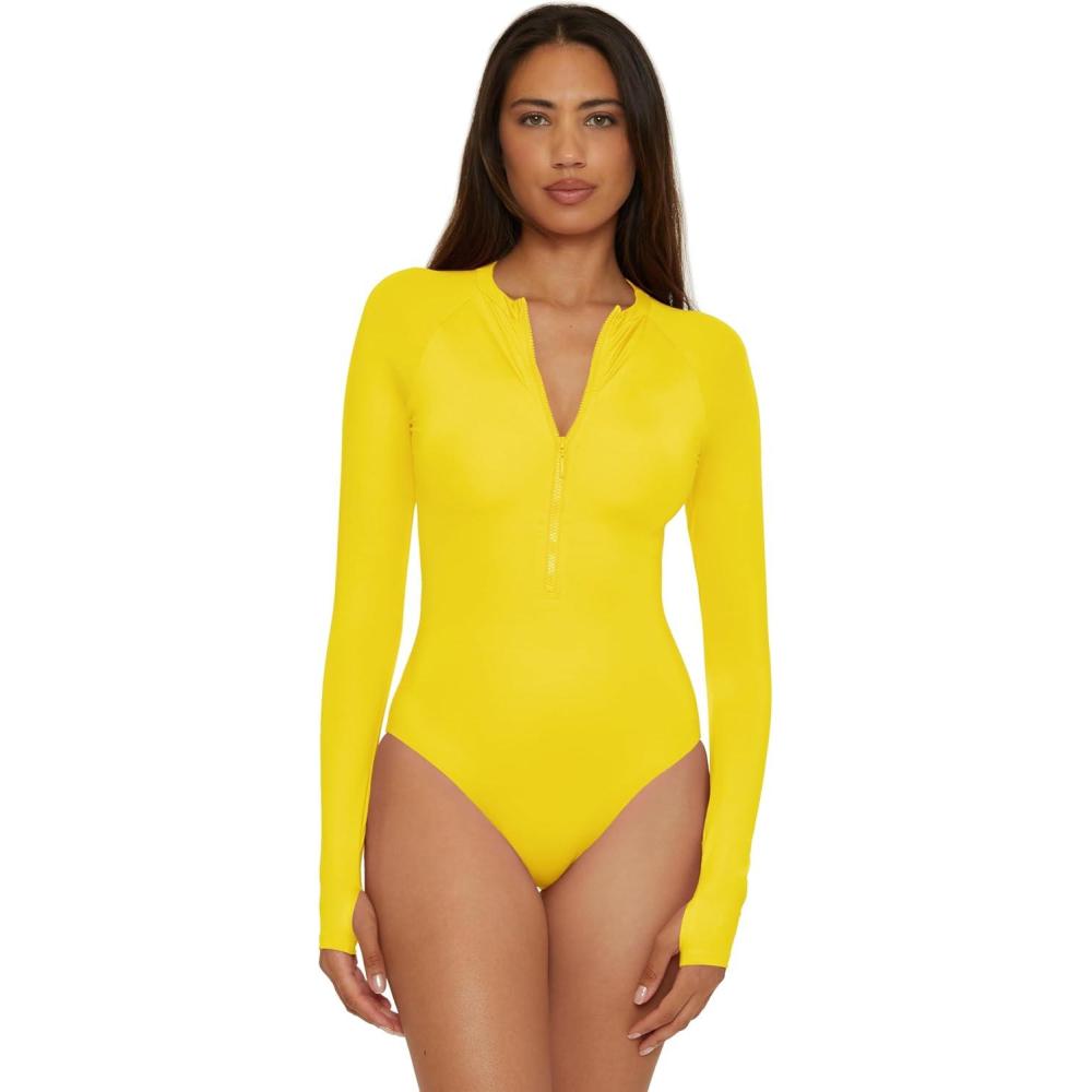 imageTrina Turk Womens Paddle One Piece Swimsuit Rash Guard UV Protection Zip Front Long Sleeve Bathing Suits for WomenMonaco Desert Sun