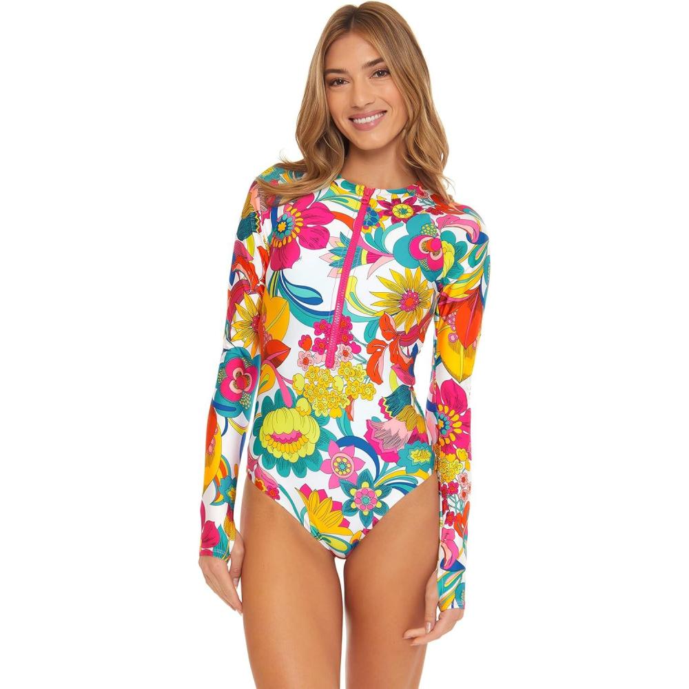 imageTrina Turk Womens Paddle One Piece Swimsuit Rash Guard UV Protection Zip Front Long Sleeve Bathing Suits for WomenMonaco Fontaine