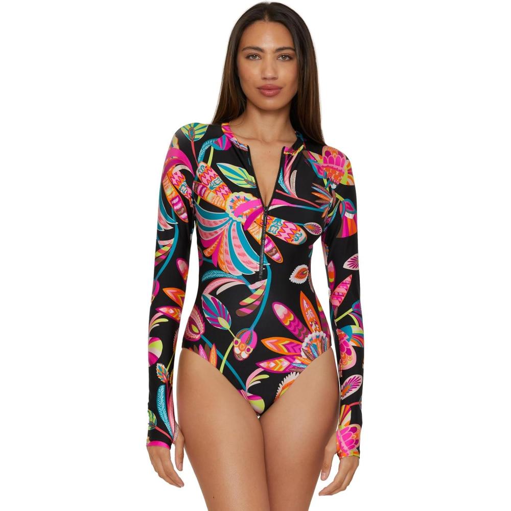imageTrina Turk Womens Paddle One Piece Swimsuit Rash Guard UV Protection Zip Front Long Sleeve Bathing Suits for WomenMonaco Luminary