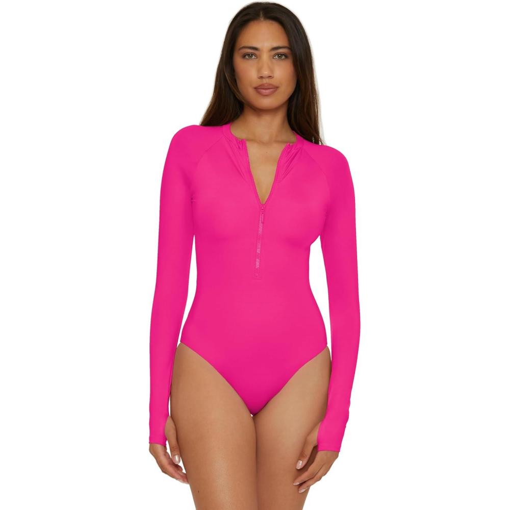 imageTrina Turk Womens Paddle One Piece Swimsuit Rash Guard UV Protection Zip Front Long Sleeve Bathing Suits for WomenMonaco Pink Parade