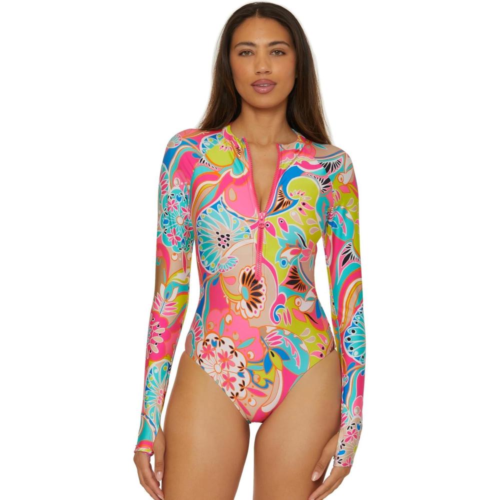 imageTrina Turk Womens Paddle One Piece Swimsuit Rash Guard UV Protection Zip Front Long Sleeve Bathing Suits for WomenMonaco Venus