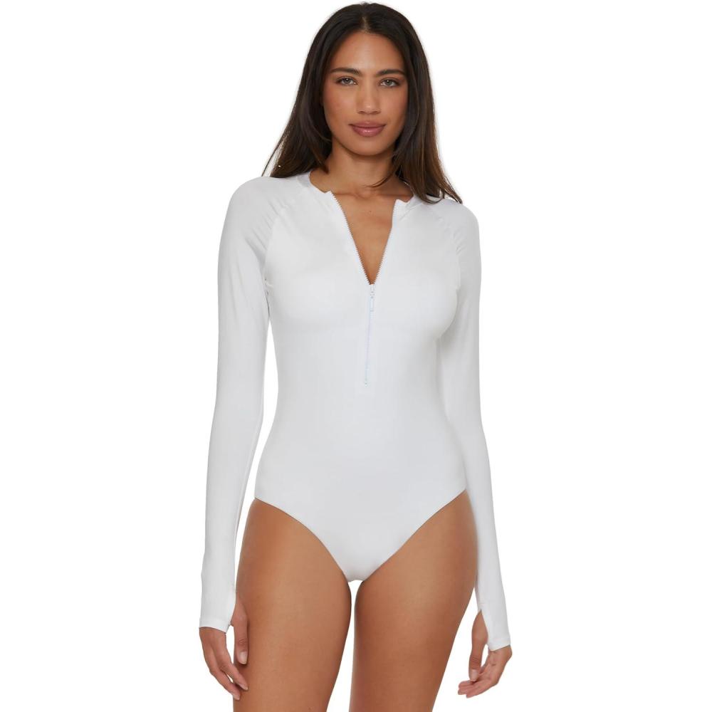 imageTrina Turk Womens Paddle One Piece Swimsuit Rash Guard UV Protection Zip Front Long Sleeve Bathing Suits for WomenMonaco White