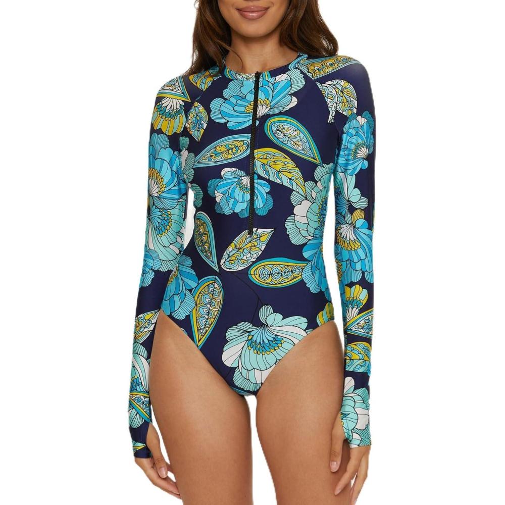 imageTrina Turk Womens Paddle One Piece Swimsuit Rash Guard UV Protection Zip Front Long Sleeve Bathing Suits for WomenPirouette Multicolor