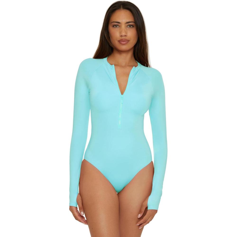 imageTrina Turk Womens Paddle One Piece Swimsuit Rash Guard UV Protection Zip Front Long Sleeve Bathing Suits for WomenSky